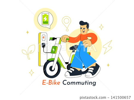 E Bike Commuting Illustration Featuring Electric Bicycle Transportation, Eco Friendly Mobility, Sustainable Urban Travel, and Smart City Lifestyle 141500657