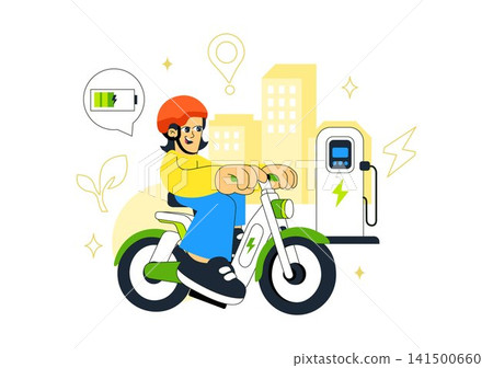 E Bike Commuting Illustration Featuring Electric Bicycle Transportation, Eco Friendly Mobility, Sustainable Urban Travel, and Smart City Lifestyle 141500660