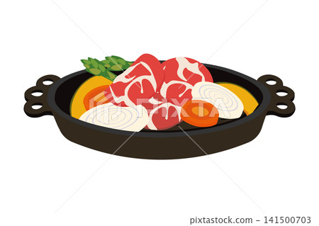 一張成吉思汗火鍋中盛裝生羊肉和蔬菜的插圖。 141500703