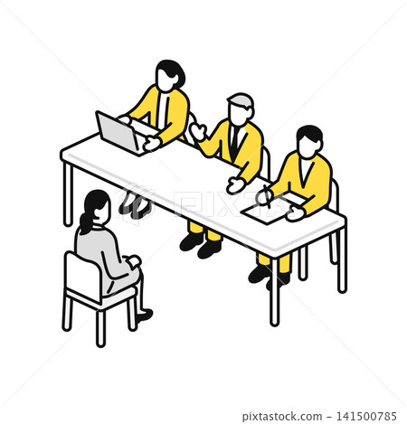 Vector icon illustration of a female applicant being interviewed and three interviewers. Vector icon illustration of a female applicant being interviewed and three interviewers. 141500785