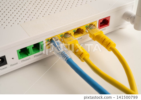 Ethernet cable with wireless router connect to internet service provider network. Ethernet cable with wireless router connect to internet service provider network. 141500799
