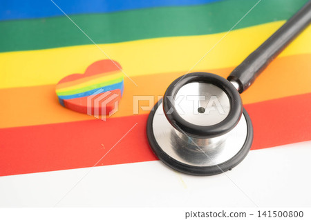 Stethoscope on LGBT rainbow flag, rights and gender equality. 141500800