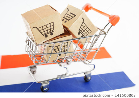 Online shopping, Shopping cart box on Netherlands flag, import export, finance commerce. 141500802
