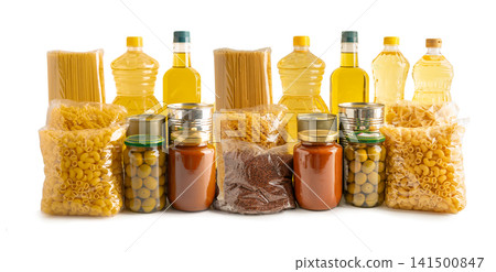 Foodstuffs in donation box isolated on white background for volunteer to help people. 141500847
