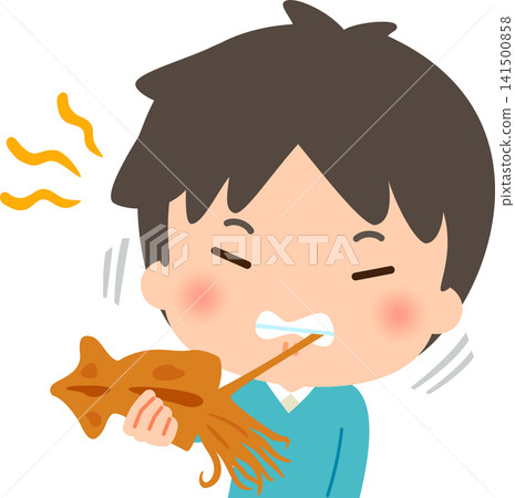 一個年輕人費力地咬下一小塊乾魷魚。 一個年輕人費力地咬下一小塊乾魷魚。 141500858