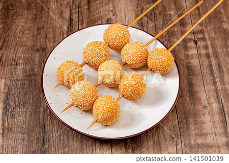fried Sesame Ball Skewers Traditional Asian Sweet Snack fried Sesame Ball Skewers Traditional Asian Sweet Snack 141501039