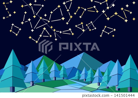 A night sky background featuring origami-style mountain ranges and shining constellations. A night sky background featuring origami-style mountain ranges and shining constellations. 141501444
