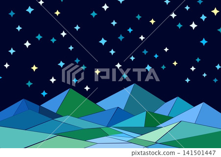 A background featuring origami-style mountain ranges and a starry night sky. 141501447