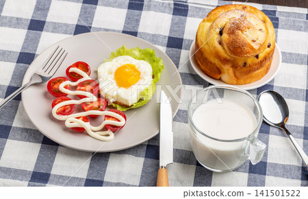 healthy Breakfast With Bread Milk And Fried Egg healthy Breakfast With Bread Milk And Fried Egg 141501522
