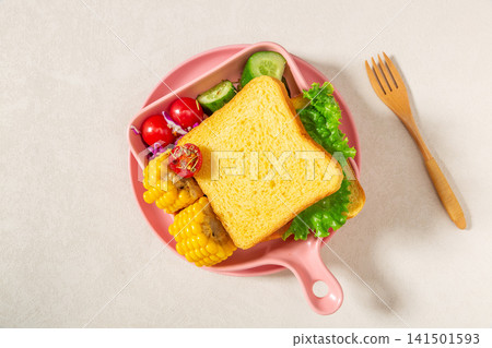 healthy Pumpkin Bread Breakfast Meal Served With Fresh Corn And Salad Vegetables healthy Pumpkin Bread Breakfast Meal Served With Fresh Corn And Salad Vegetables 141501593