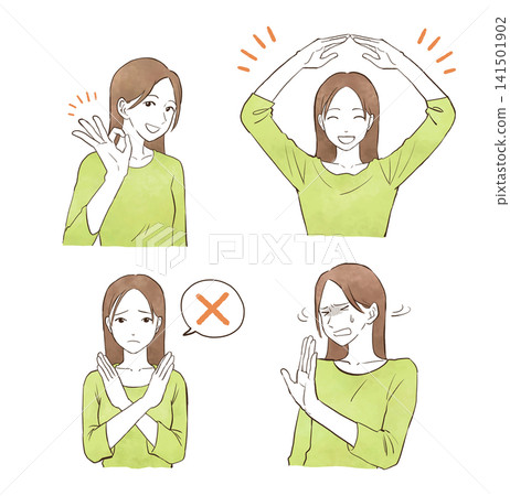 一組手繪水彩風格插圖,描繪了代表 OK 和 NG 的年輕女性。 一組手繪水彩風格插圖,描繪了代表 OK 和 NG 的年輕女性。 141501902
