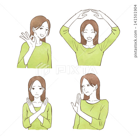 A set of hand-drawn watercolor-style illustrations of young women representing OK and NG (no text). A set of hand-drawn watercolor-style illustrations of young women representing OK and NG (no text). 141501904