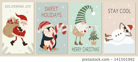 Christmas greeting card set with Santa, penguin, gnome, snowman, gifts, candy cane, holiday slogans, and playful winter humor Christmas greeting card set with Santa, penguin, gnome, snowman, gifts, candy cane, holiday slogans, and playful winter humor 141501992