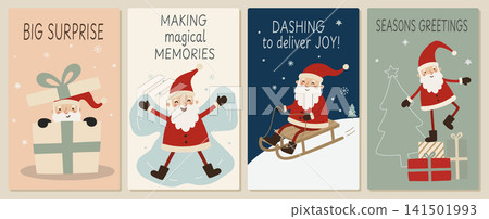 Christmas greeting card set with Santa, big gift, snow angel, sleigh ride, tree, presents, and playful cozy holiday slogans Christmas greeting card set with Santa, big gift, snow angel, sleigh ride, tree, presents, and playful cozy holiday slogans 141501993