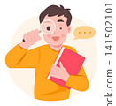 Elementary Student Kid Boy Holding Magnifying Glass and Book for Education and Discover Solution Concept Illustration Clip Art 141502101