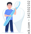 Happy Cute Kid Boy Holding Big Toothbrush and Standing in Front of Healthy White Tooth for Dental Healthcare and Daily Hygienic Lifestyle Routine Concept Illustration Clip Art 141502102