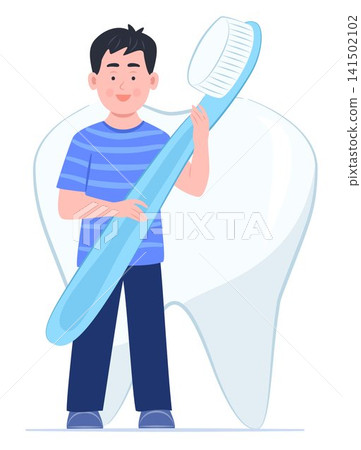 Happy Cute Kid Boy Holding Big Toothbrush and Standing in Front of Healthy White Tooth for Dental Healthcare and Daily Hygienic Lifestyle Routine Concept Illustration Clip Art Happy Cute Kid Boy Holding Big Toothbrush and Standing in Front of Healthy White Tooth for Dental Healthcare and Daily Hygienic Lifestyle Routine Concept Illustration Clip Art 141502102
