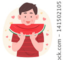Happy Cheerful Kid Boy Holding a Big Piece of Watermelon for Healthy Eating Concept Illustration Clip Art 141502105