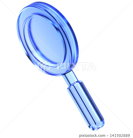 Glassmorphism magnifying glass icon in isometric view featuring transparent blue glossy finish. Translucent search discovery design element suited for research analysis or system find interface 141502889