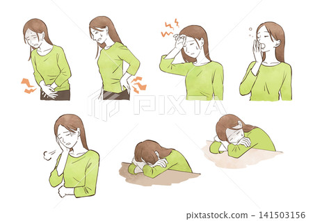 A set of watercolor-style hand-drawn illustrations depicting young women experiencing physical discomfort related to their menstrual cycle. A set of watercolor-style hand-drawn illustrations depicting young women experiencing physical discomfort related to their menstrual cycle. 141503156