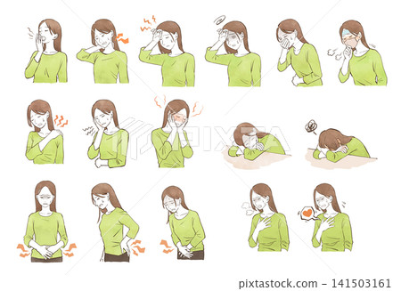 一組手繪水彩風格插圖，描繪了一位身體不適的年輕女子。 141503161