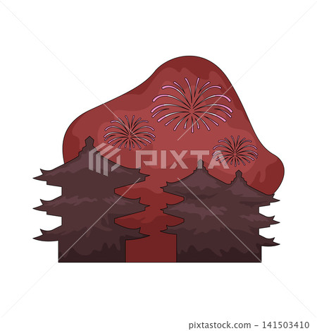 Illustration of Firework Display Over Pagoda Illustration of Firework Display Over Pagoda 141503410