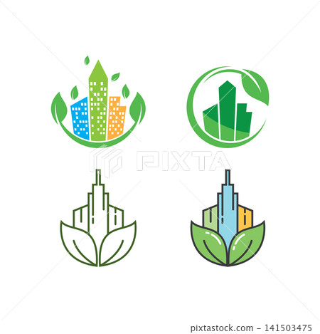 Green Eco City Skyscraper and Leaves Real Estate Logo 141503475