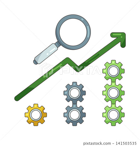 Illustration of graph with magnifying glass and gears 141503535