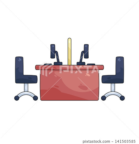 Illustration of office desk with computers and chairs Illustration of office desk with computers and chairs 141503585