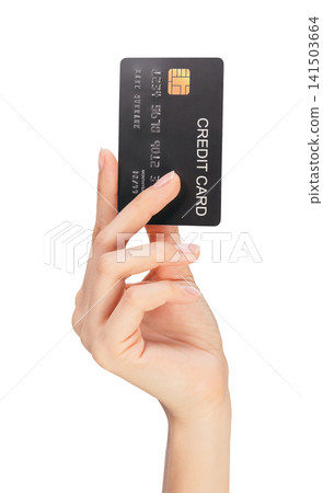 Hand holding mockup credit card isolated on white background, modern design with clipping path 141503664