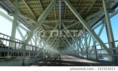 The walkway of a giant suspension bridge The walkway of a giant suspension bridge 141503813