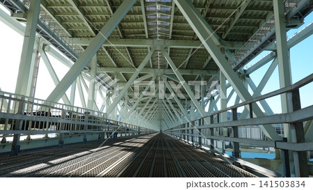 The walkway of a giant suspension bridge The walkway of a giant suspension bridge 141503834