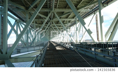 The walkway of a giant suspension bridge The walkway of a giant suspension bridge 141503836