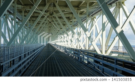 The walkway of a giant suspension bridge The walkway of a giant suspension bridge 141503855