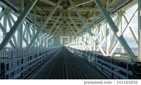 The walkway of a giant suspension bridge The walkway of a giant suspension bridge 141503856