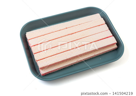 pwafer biscuits, strawberry cheese, layered wafers, pink cream, fruit flavor, crispy texture, rectangular strips, crunchy cookies, sweet pastry, confectionery, afternoon tea, tea snack, dessert 141504219