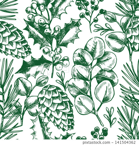 Seamless pattern with Christmas plants: holly, eucalyptus, and spruce branches. Sketch illustration. Vintage drawing. Seamless pattern with Christmas plants: holly, eucalyptus, and spruce branches. Sketch illustration. Vintage drawing. 141504362