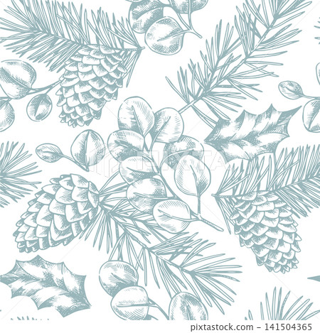 Seamless pattern with Christmas plants: holly, spruce branches, and cones. Sketch illustration. retro drawing. 141504365