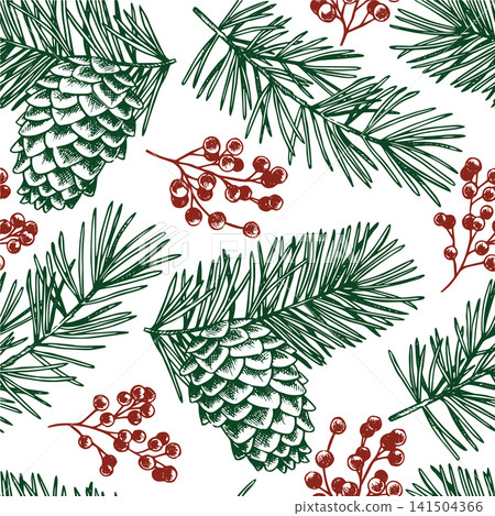 Seamless pattern with Christmas plants, berries, spruce branches, and cones. Sketch illustration. Vintage drawing. Seamless pattern with Christmas plants, berries, spruce branches, and cones. Sketch illustration. Vintage drawing. 141504366