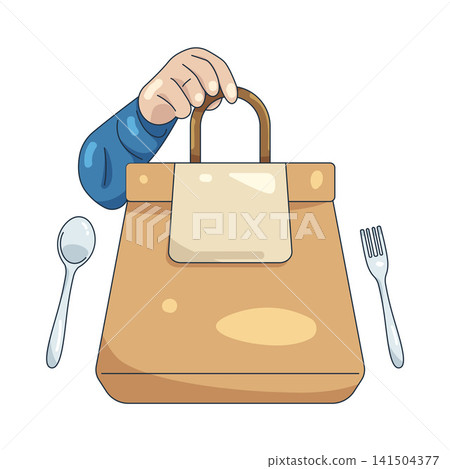 Illustration of takeout food bag with utensils Illustration of takeout food bag with utensils 141504377