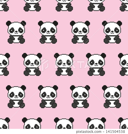 Cute pixel art panda bear seamless pattern on pink background. Cute pixel art panda bear seamless pattern on pink background. 141504538