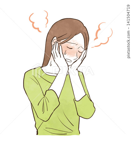A hand-drawn watercolor-style illustration of a young woman suffering from facial flushing and hot flashes. A hand-drawn watercolor-style illustration of a young woman suffering from facial flushing and hot flashes. 141504719