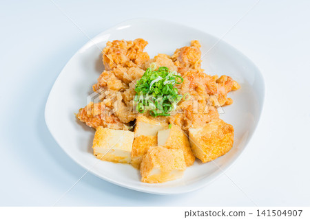 雞肉用磨碎的白蘿蔔醬汁燉煮,配上炸豆腐——一道日式小菜。 雞肉用磨碎的白蘿蔔醬汁燉煮,配上炸豆腐——一道日式小菜。 141504907