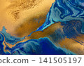 Abstract Original Hand Drawn Blue Artwork Liquid Inks Illustration with Gold Glitter Text Space. 141505197
