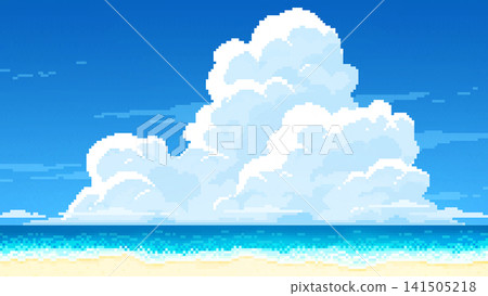 像素畫：盛夏海灘景色，雲層繚繞。海灘、游泳、像素畫、背景插圖。 141505218