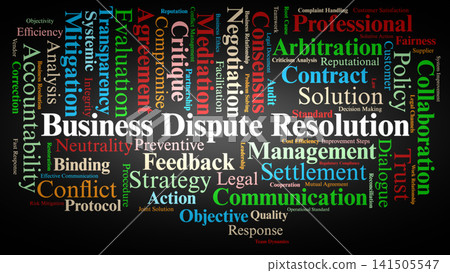 Business Dispute Resolution Word Cloud. Strategic Terms on Conflict Management Feedback Systems and Collaborative Solutions Business Dispute Resolution Word Cloud. Strategic Terms on Conflict Management Feedback Systems and Collaborative Solutions 141505547