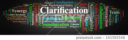 Clarification Word Cloud. An Essential Overview of Collaborative Alignment, Psychological Safety, Active Listening, and Open Communication Frameworks Driving Workspace Efficiency. 141505548