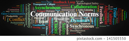 Communication Norms Word Cloud. A Visual Overview of Psychological Safety, Feedback Loops, Asynchronous Protocols, and Interpersonal Etiquette Driving Workplace Collaboration and Transparency. Communication Norms Word Cloud. A Visual Overview of Psychological Safety, Feedback Loops, Asynchronous Protocols, and Interpersonal Etiquette Driving Workplace Collaboration and Transparency. 141505550