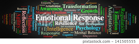 Emotional Response Word Cloud. Visual Overview of Emotional Intelligence, Self Regulation, Psychological Agility, and Affective Mindset Frameworks Advancing Human Growth and Motivation. 141505555