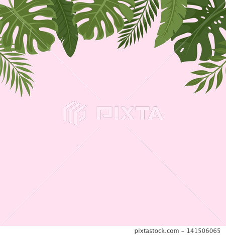 Top border frame made of green tropical leaves on pink background 141506065